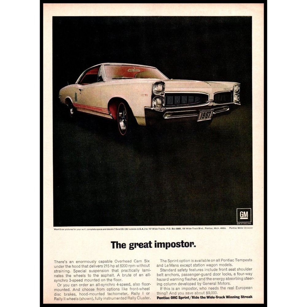 1967 Pontiac OHC Sprint Coupe Vintage Print Ad Wide Track Man Cave Wall Art